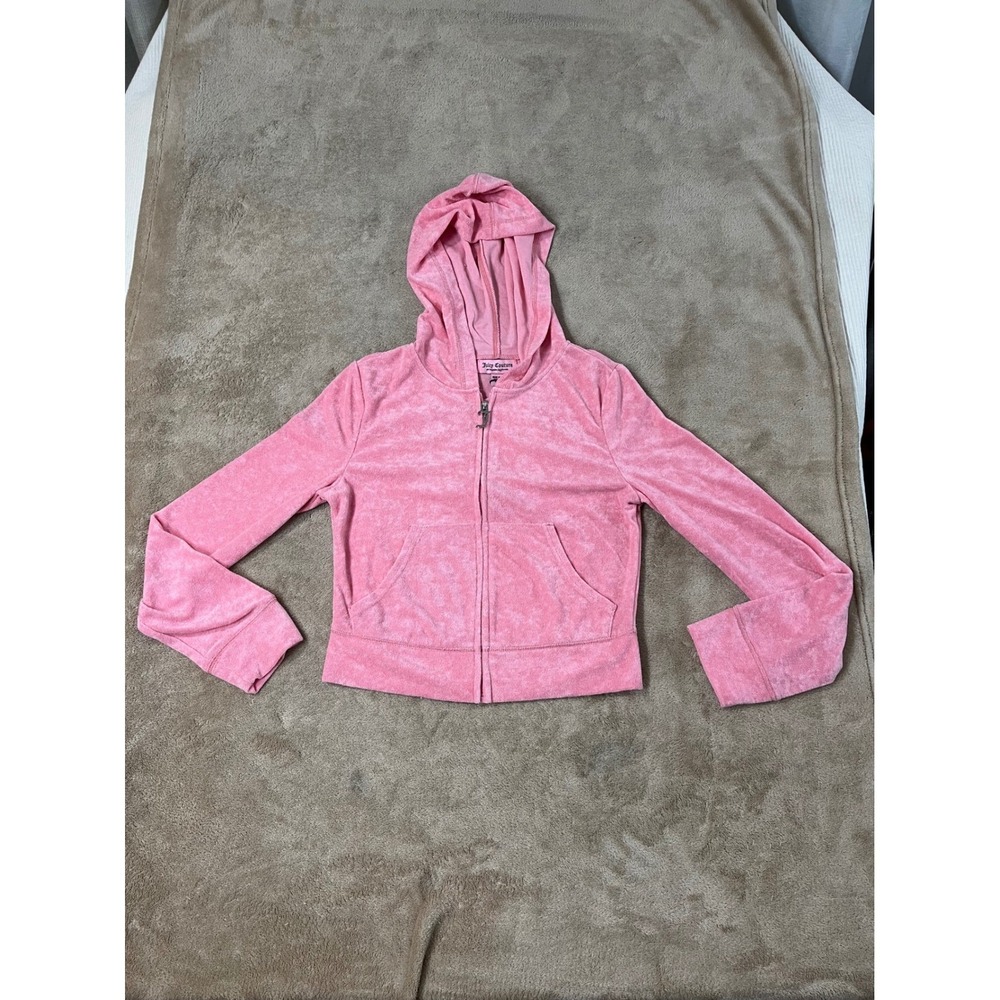 Juicy Couture Flamingo Velour Crop Zip Up Jacket Women's S Pink Hoodie L/S NEW
